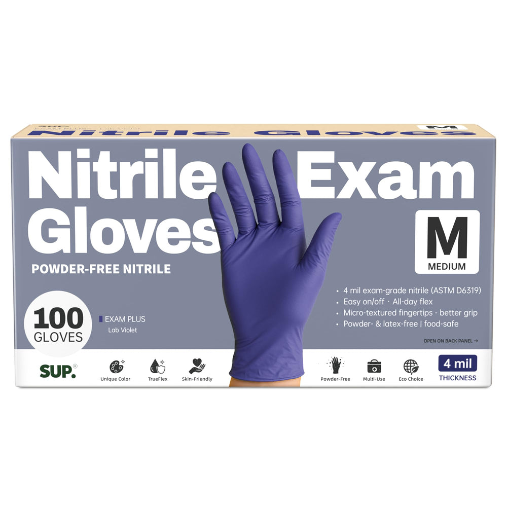 SUP powder-free nitrile gloves in dispenser box for quick access.