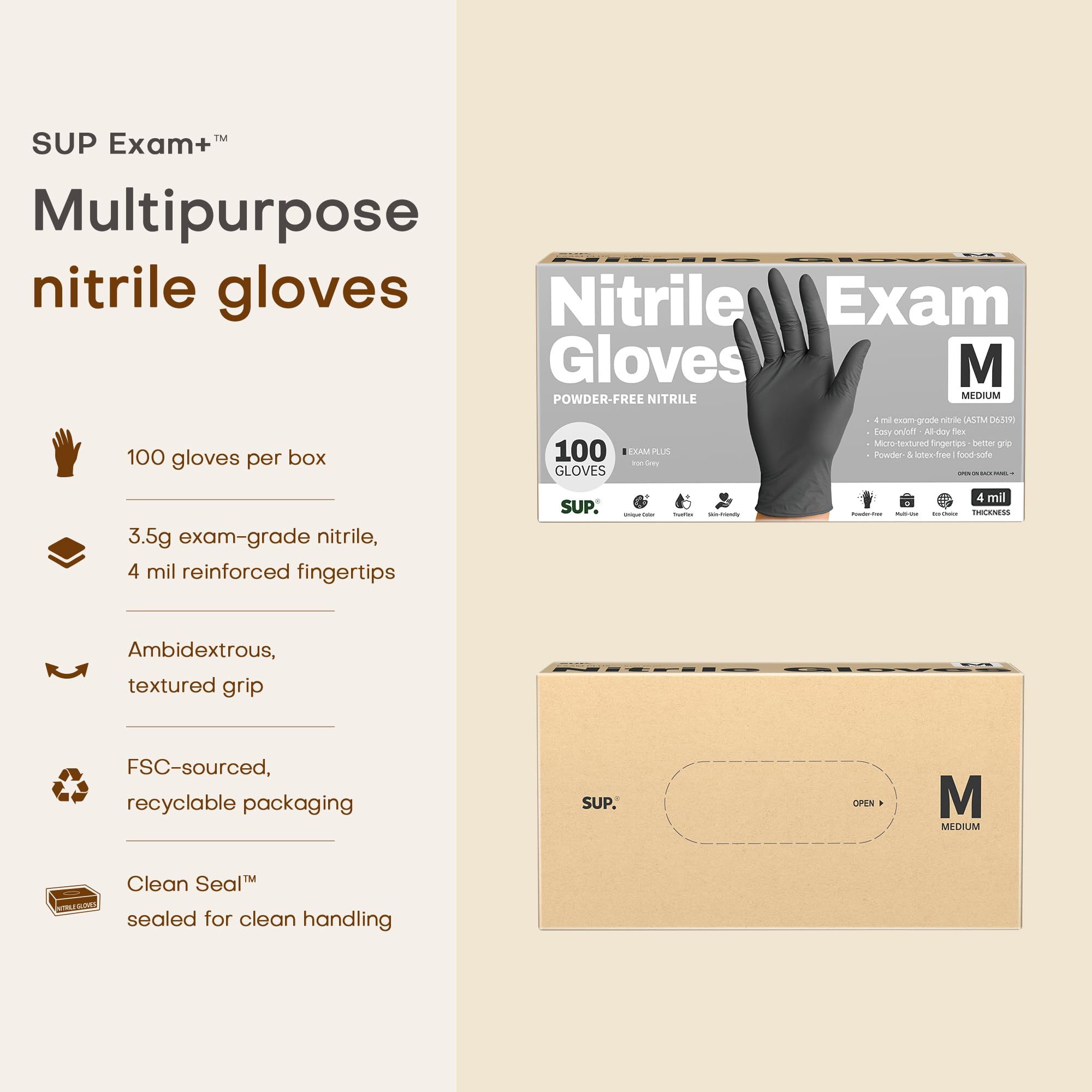 Packaging showing 100-count supply of SUP powder-free gloves