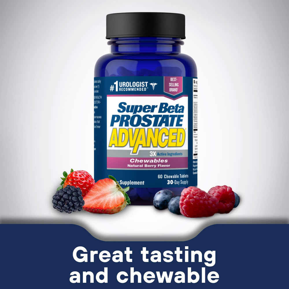 Close-up of Super Beta Prostate Advanced berry-flavored chewables label.