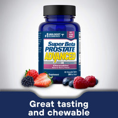 Close-up of Super Beta Prostate Advanced berry-flavored chewables label.