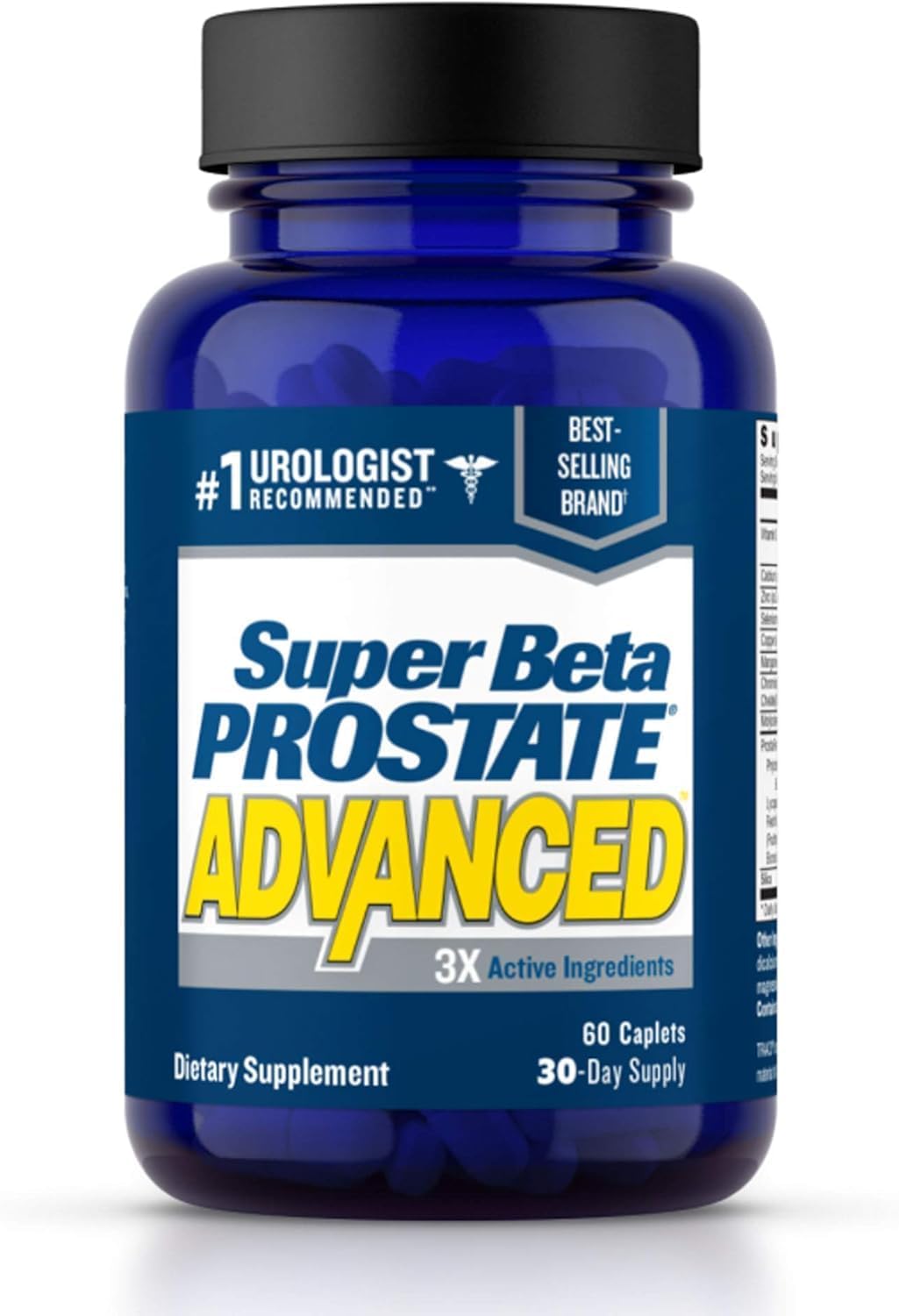Super Beta Prostate bottle front shows 60 caplets for daily urinary support