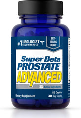 Super Beta Prostate bottle front shows 60 caplets for daily urinary support