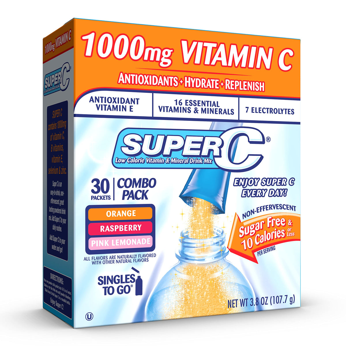 Super C orange stick in a water bottle for quick hydration on the go.