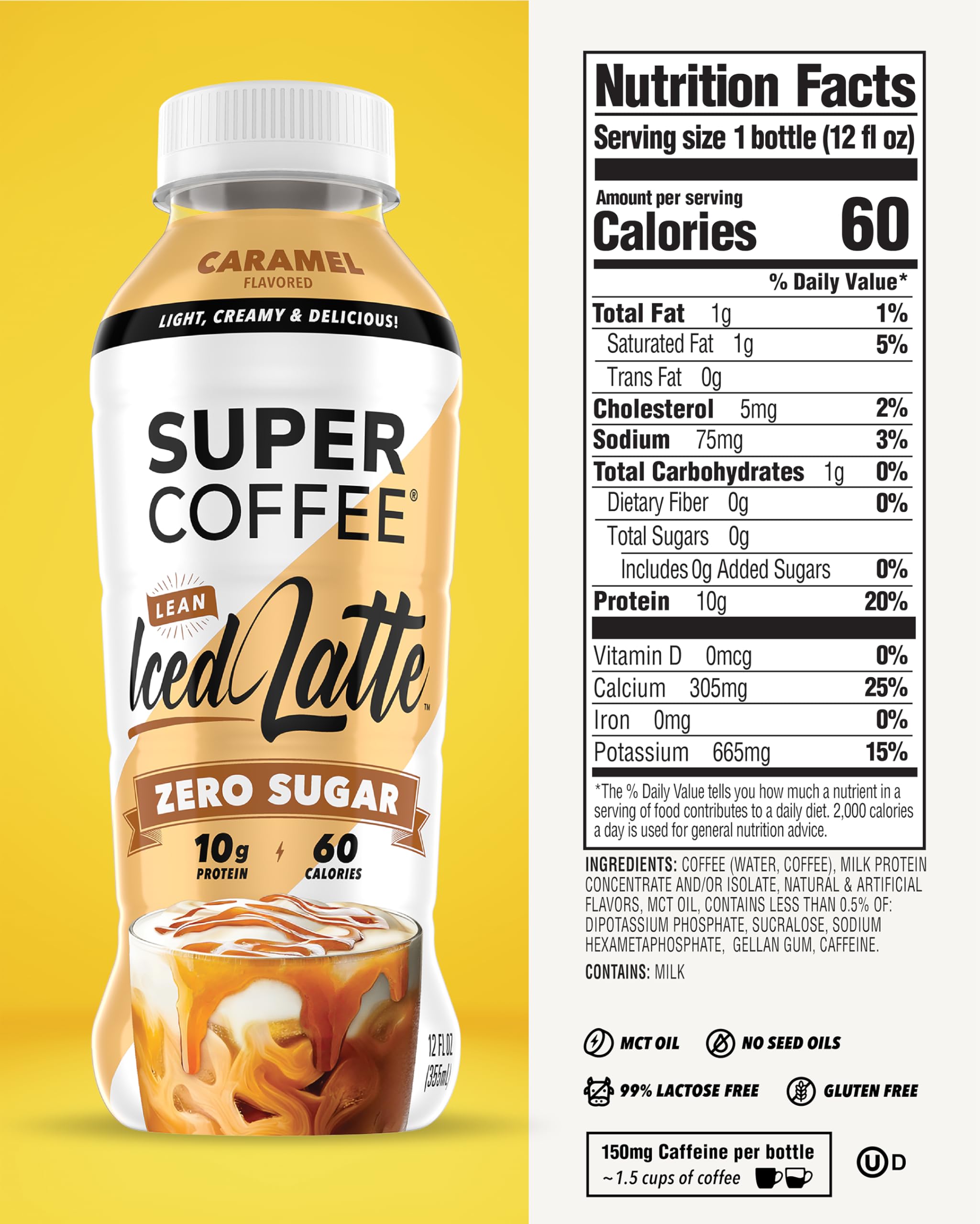 Super Coffee iced caramel bottle showcases rich flavor and convenient on-the-go energy.