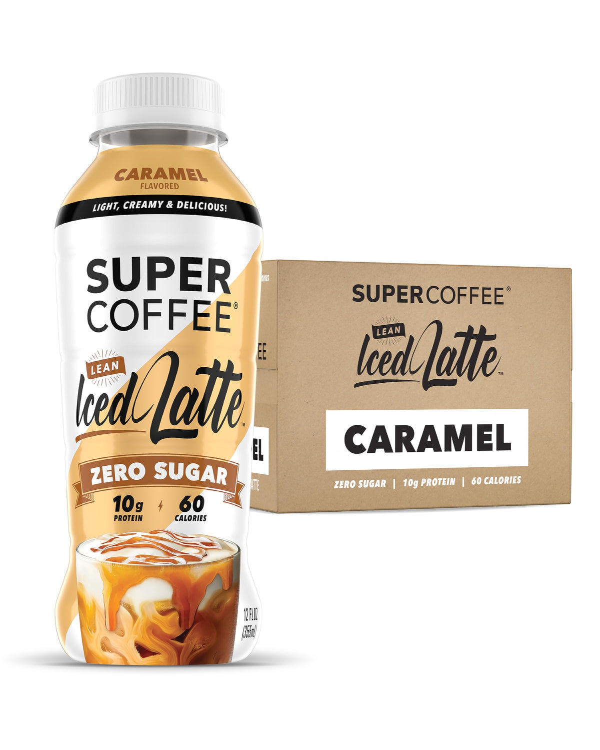 Super Coffee keto protein coffee caramel latte bottle highlighting 0g added sugar for keto diets.