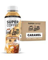 Super Coffee keto protein coffee caramel latte bottle highlighting 0g added sugar for keto diets.