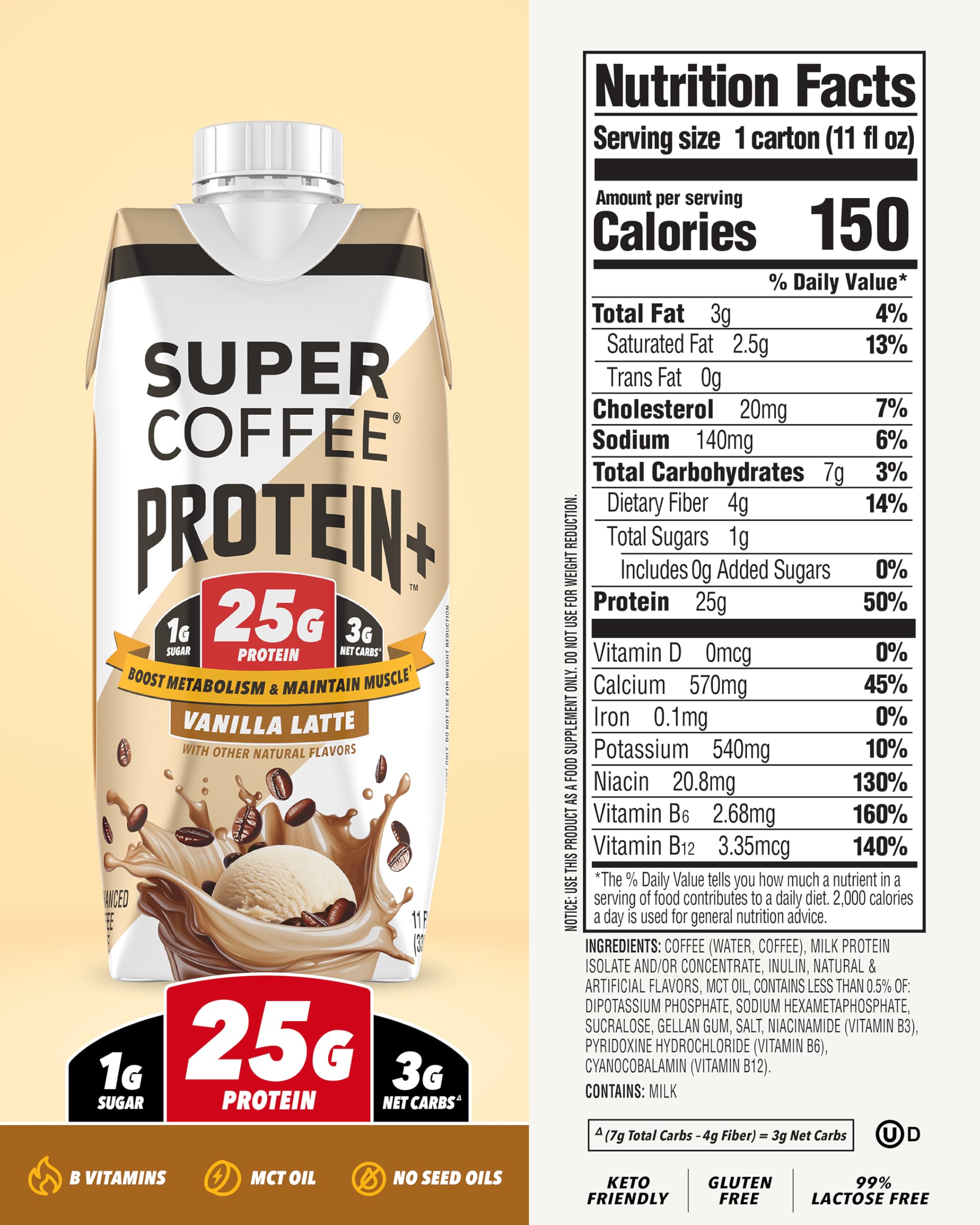 SUPER COFFEE+ vanilla bottle close-up, creamy finish and protein boost
