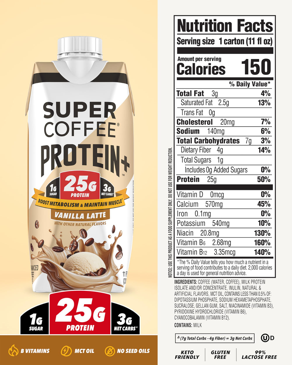 SUPER COFFEE+ vanilla bottle close-up, creamy finish and protein boost
