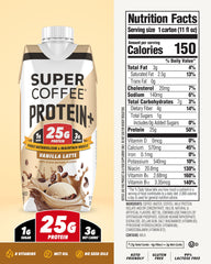 SUPER COFFEE+ vanilla bottle close-up, creamy finish and protein boost