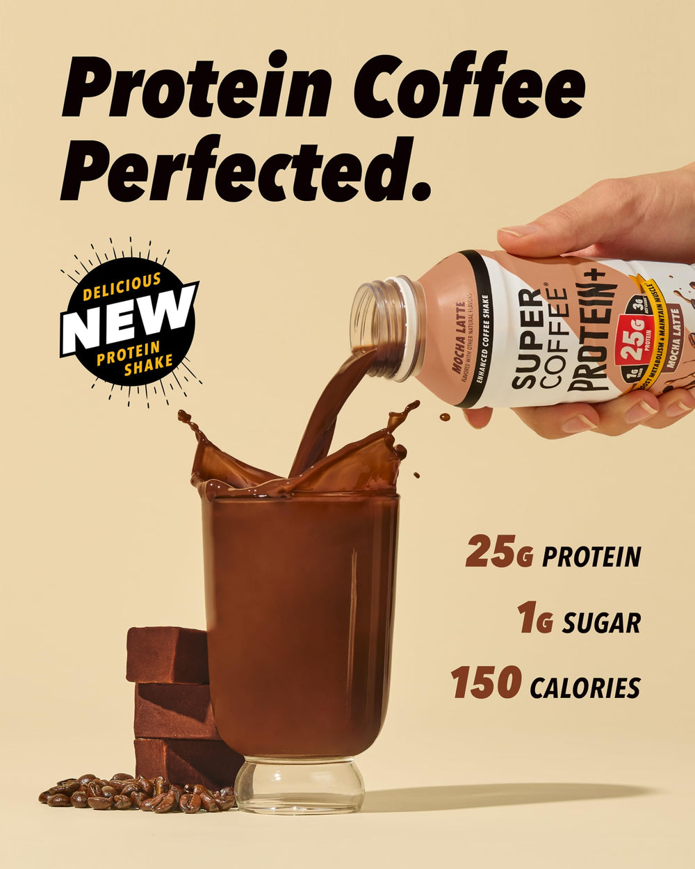 SUPER COFFEE Protein+ mocha bottle closeup label showing 25g protein per serving.