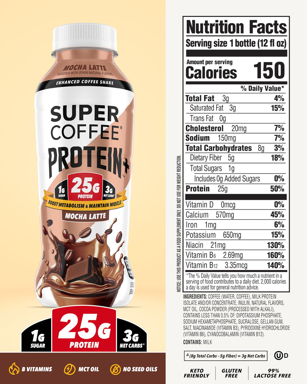 SUPER COFFEE Protein+ mocha bottle side highlighting sleek design and keto-friendly energy.