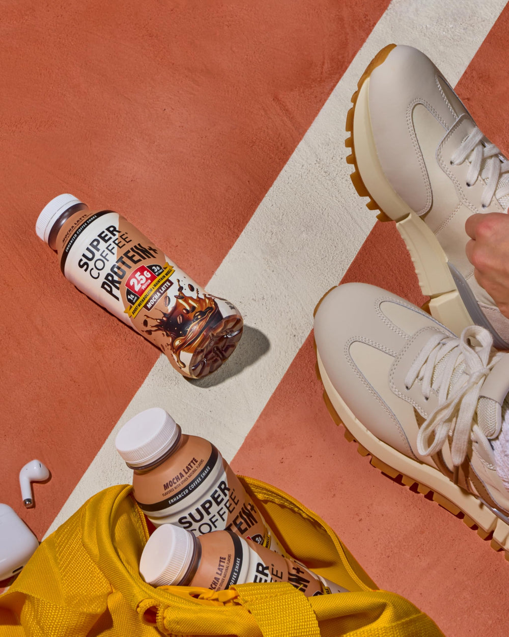 SUPER COFFEE Protein+ mocha in fridge ready-to-drink convenience.