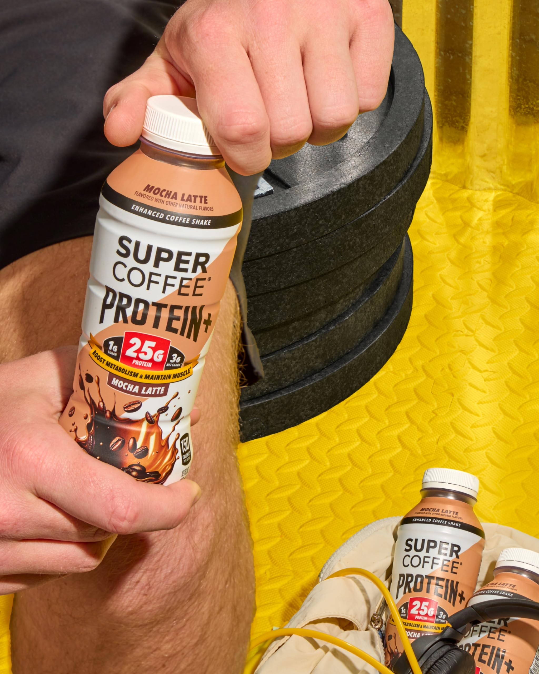 SUPER COFFEE Protein+ mocha MCT oil and vitamins label highlights metabolism-supporting ingredients.