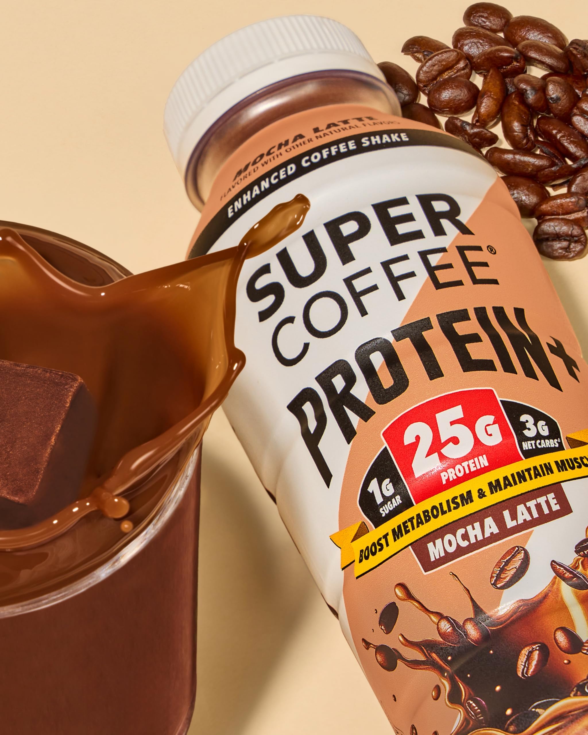 SUPER COFFEE Protein+ mocha pack showing convenient 12-pack for on-the-go routines.