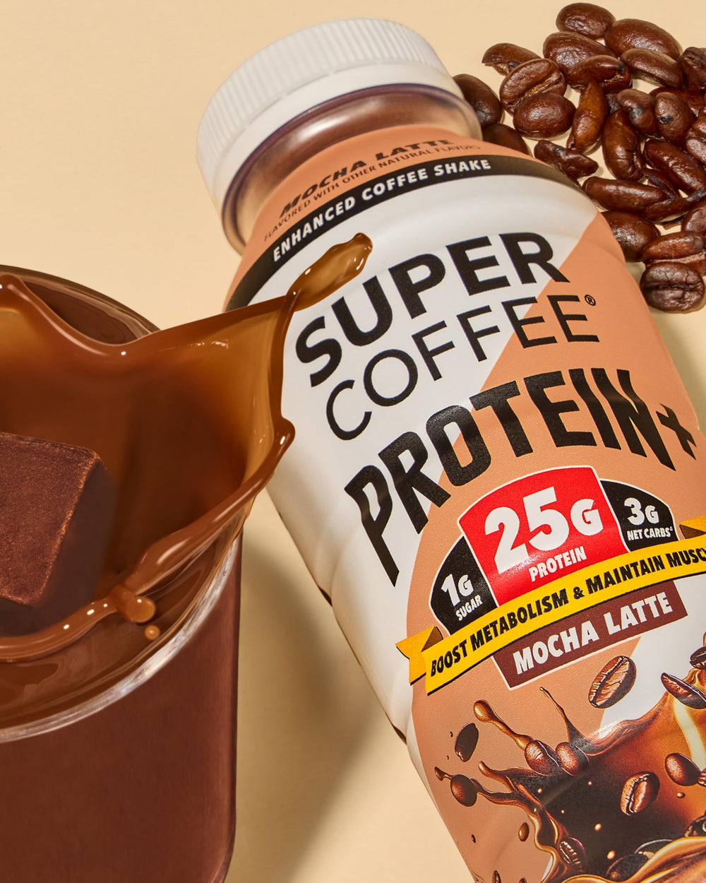 SUPER COFFEE Protein+ mocha pack showing convenient 12-pack for on-the-go routines.