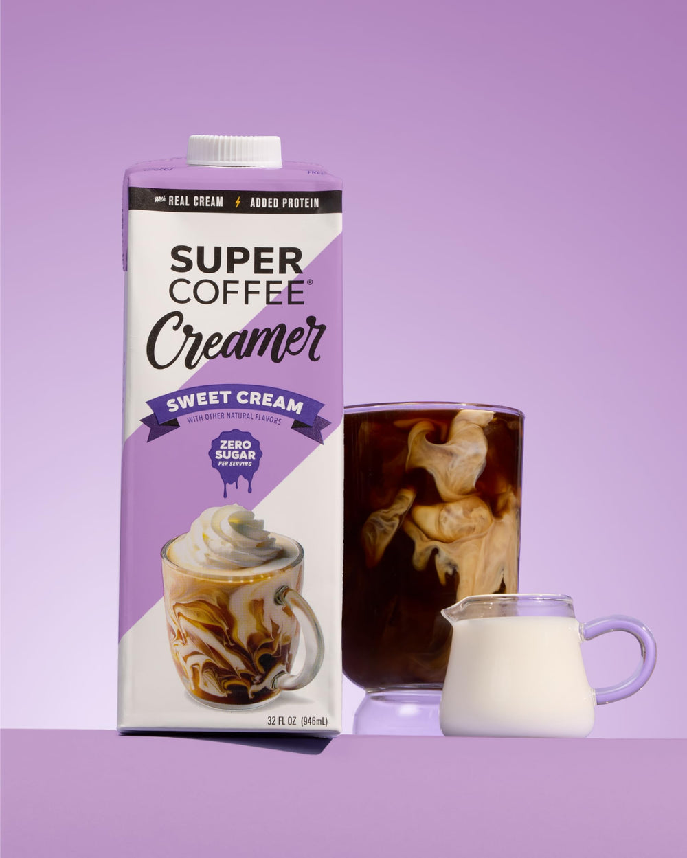 Label close‑up: SugarFree Sweet Creamer with 2g protein per serving.