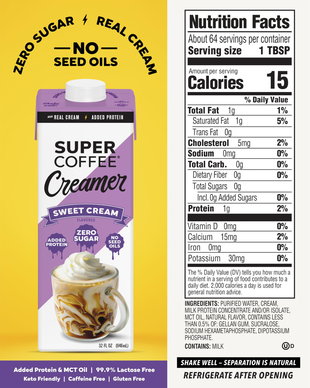 Pouring SUPER COFFEE Sweet Creamer sugarfree creamer on hot coffee showing texture.