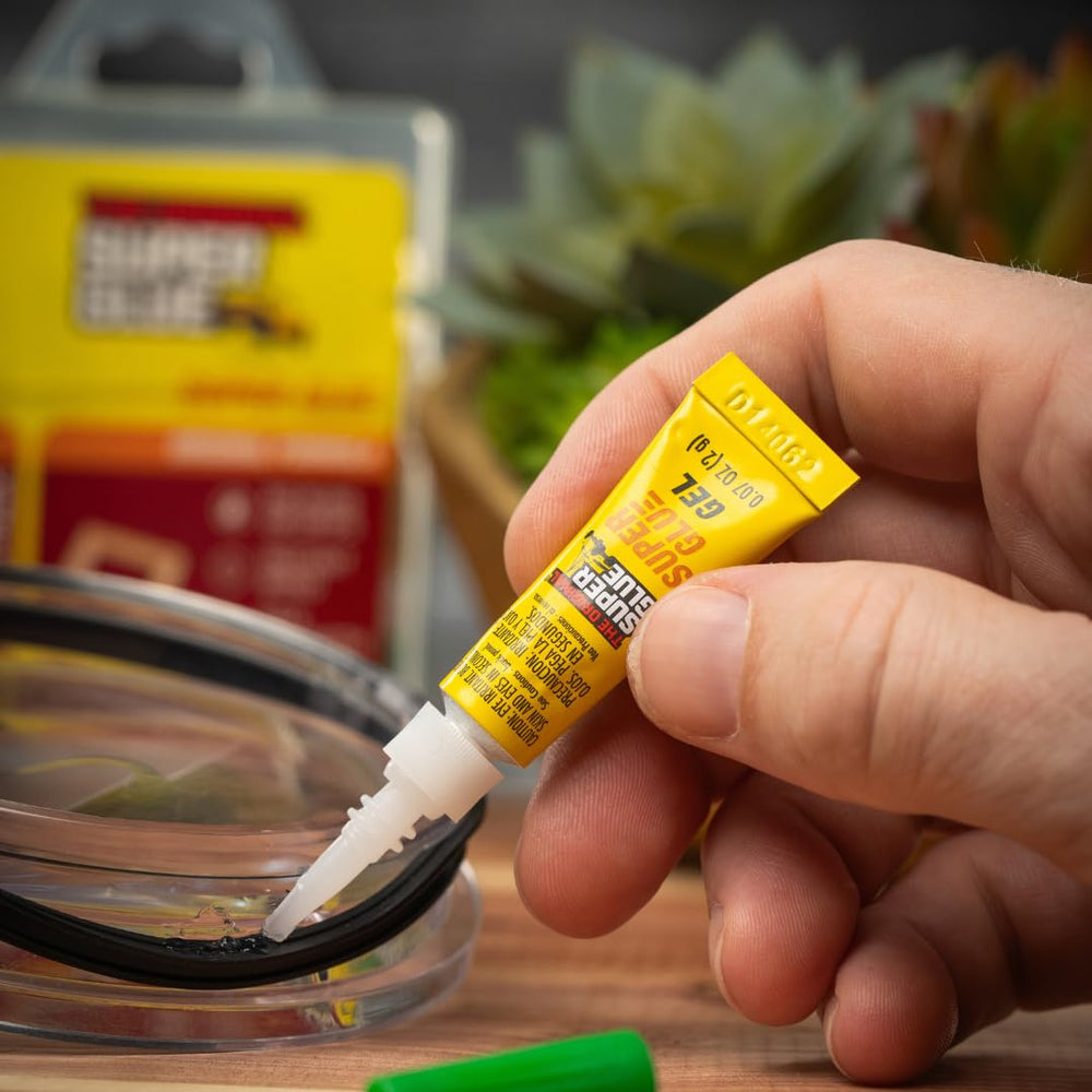 Super Glue Gel fixes vinyl and plastic quickly with a neat edge.