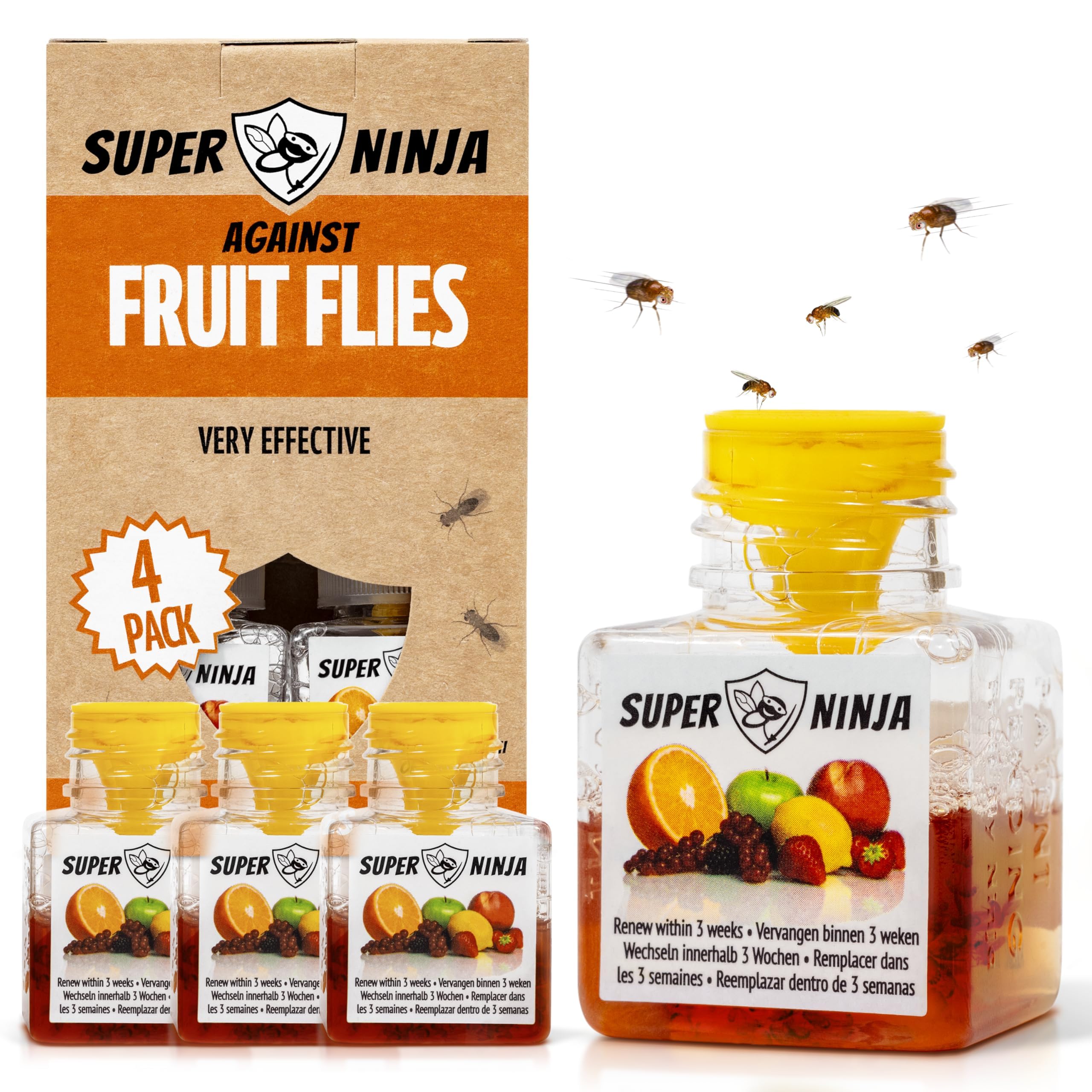 Super Ninja indoor 4-pack fruit fly traps on shelf showing practical, mess-free protection