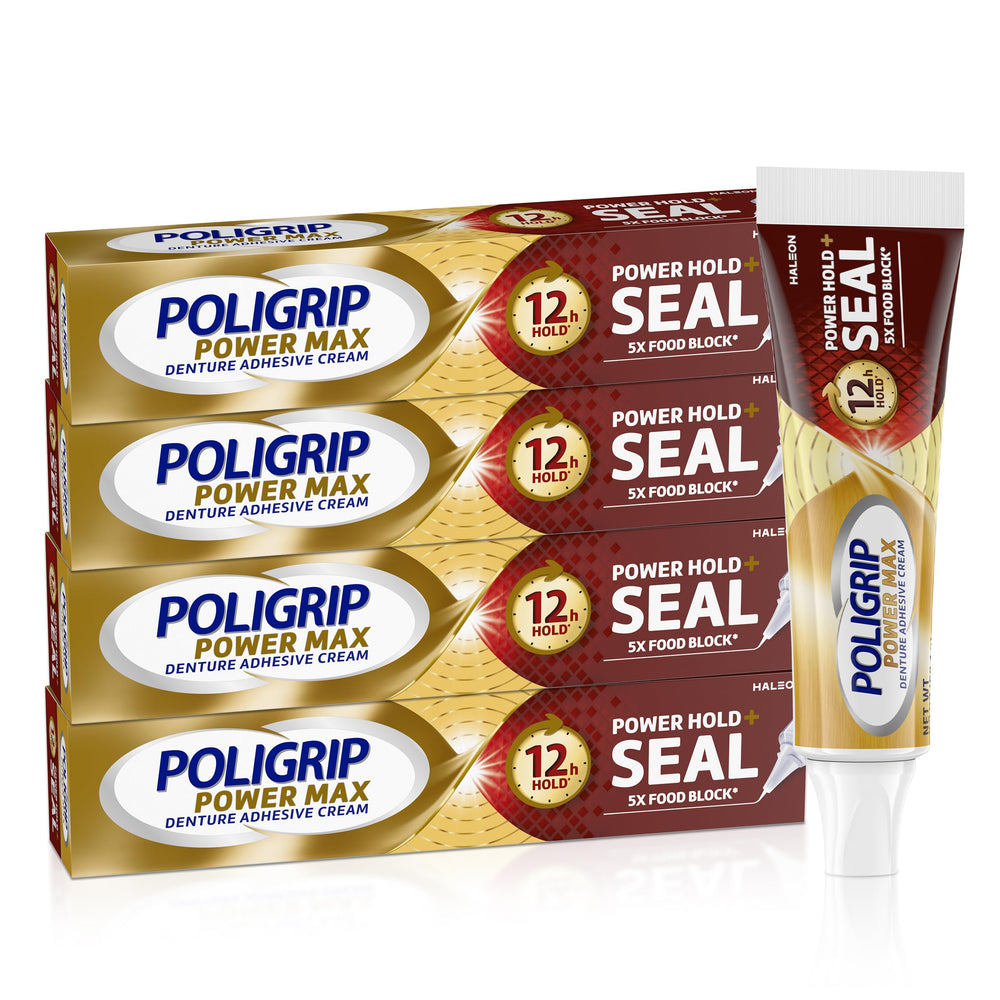 Super Poligrip Power Max precision nozzle seals dentures for secure all-day hold