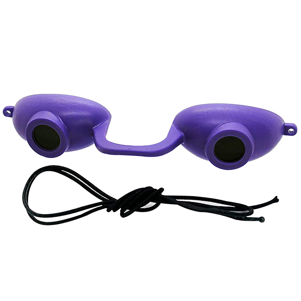 Super Sunnies Evo front view in purple with flexible UV eye protection for tanning