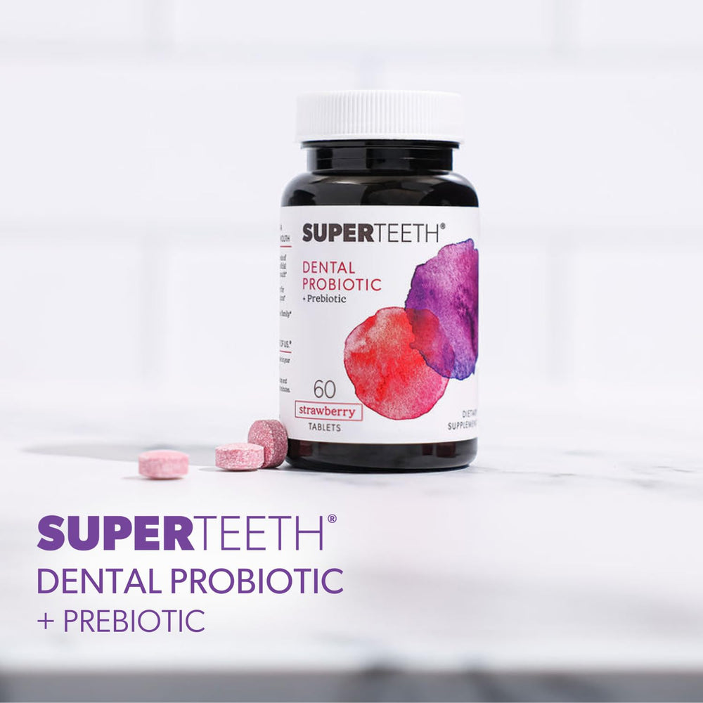 SuperTeeth bottle label highlighting clean, balanced oral defense