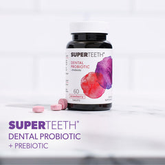 SuperTeeth bottle label highlighting clean, balanced oral defense