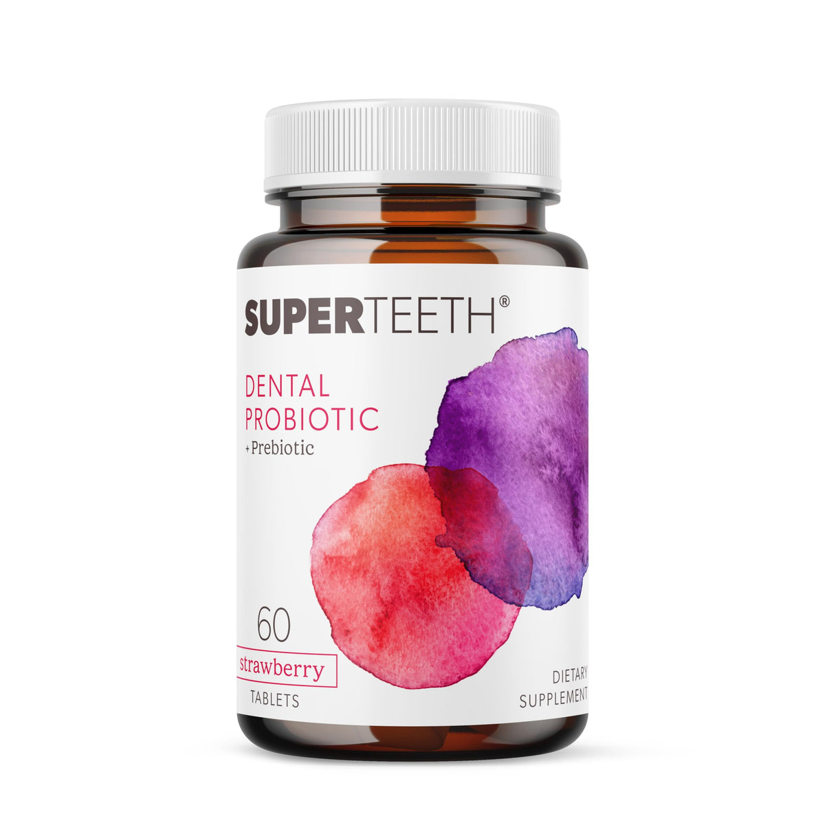 SuperTeeth oral probiotics bottle with strawberry tablets for daily fresh breath