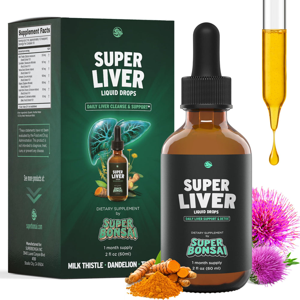 SuperBonsai Super Liver bottle pour shows easy daily dosing for liver support