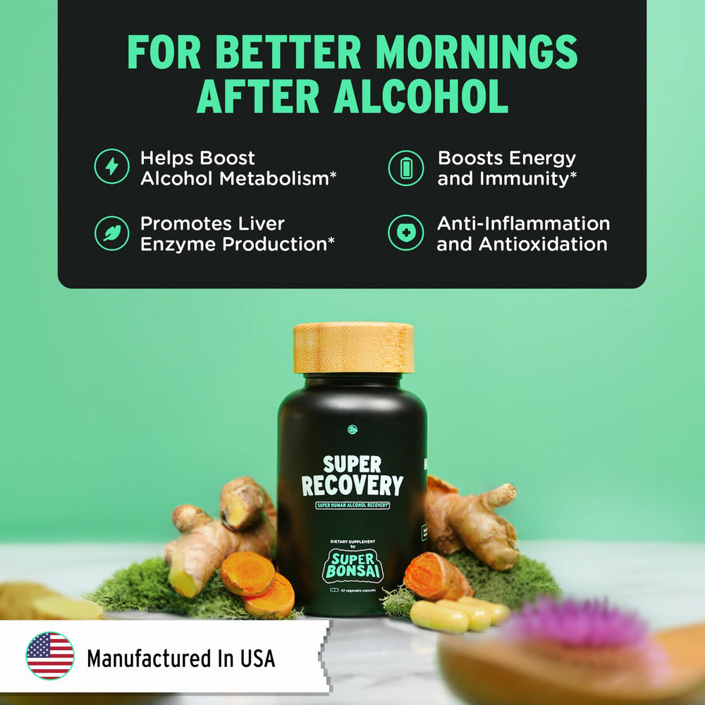 SuperBonsai capsules close-up highlighting natural ingredients for post-celebration recovery.
