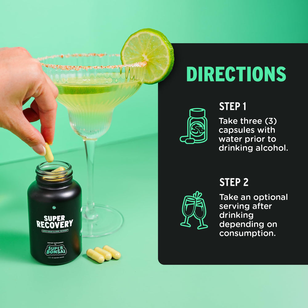 SuperBonsai dosing scene with three capsules before drinking for easier intake.
