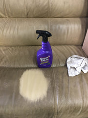 Purple cleaner being sprayed on engine grime to dissolve grease
