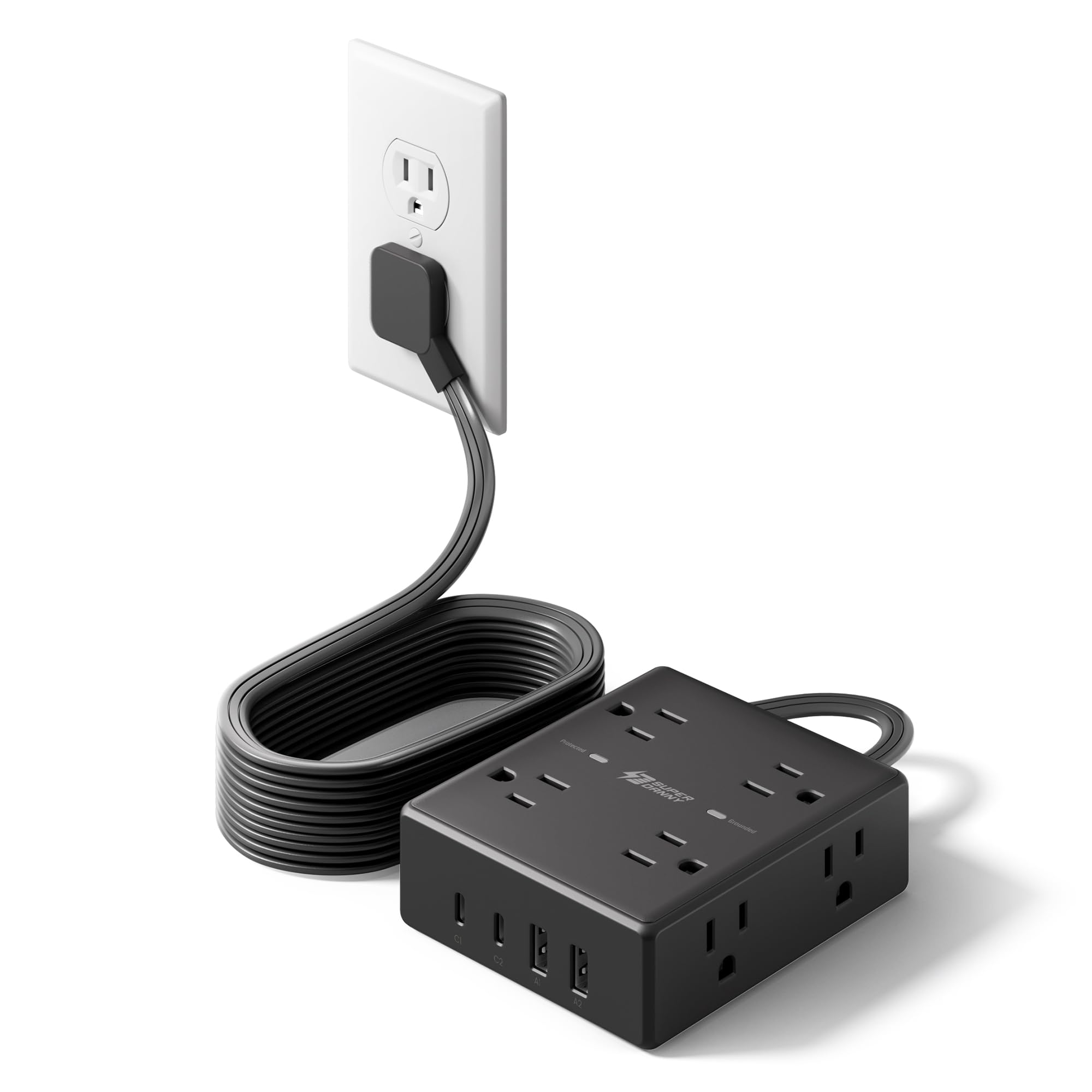 SuperDANNY 10ft flat extension cord shown along a dorm desk for a tidy workspace