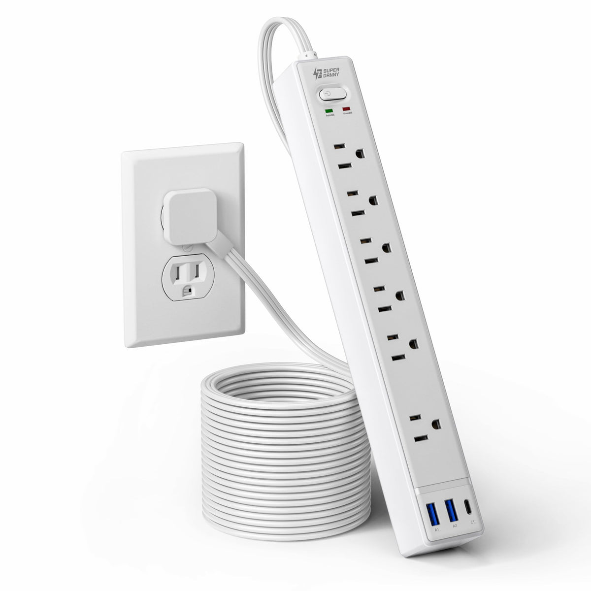 SUPERDANNY 10ft flat-plug extension cord showing space-saving design for tight spaces