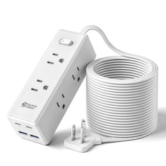 SUPERDANNY 15 ft extension cord with six outlets powering multiple devices from a single source.