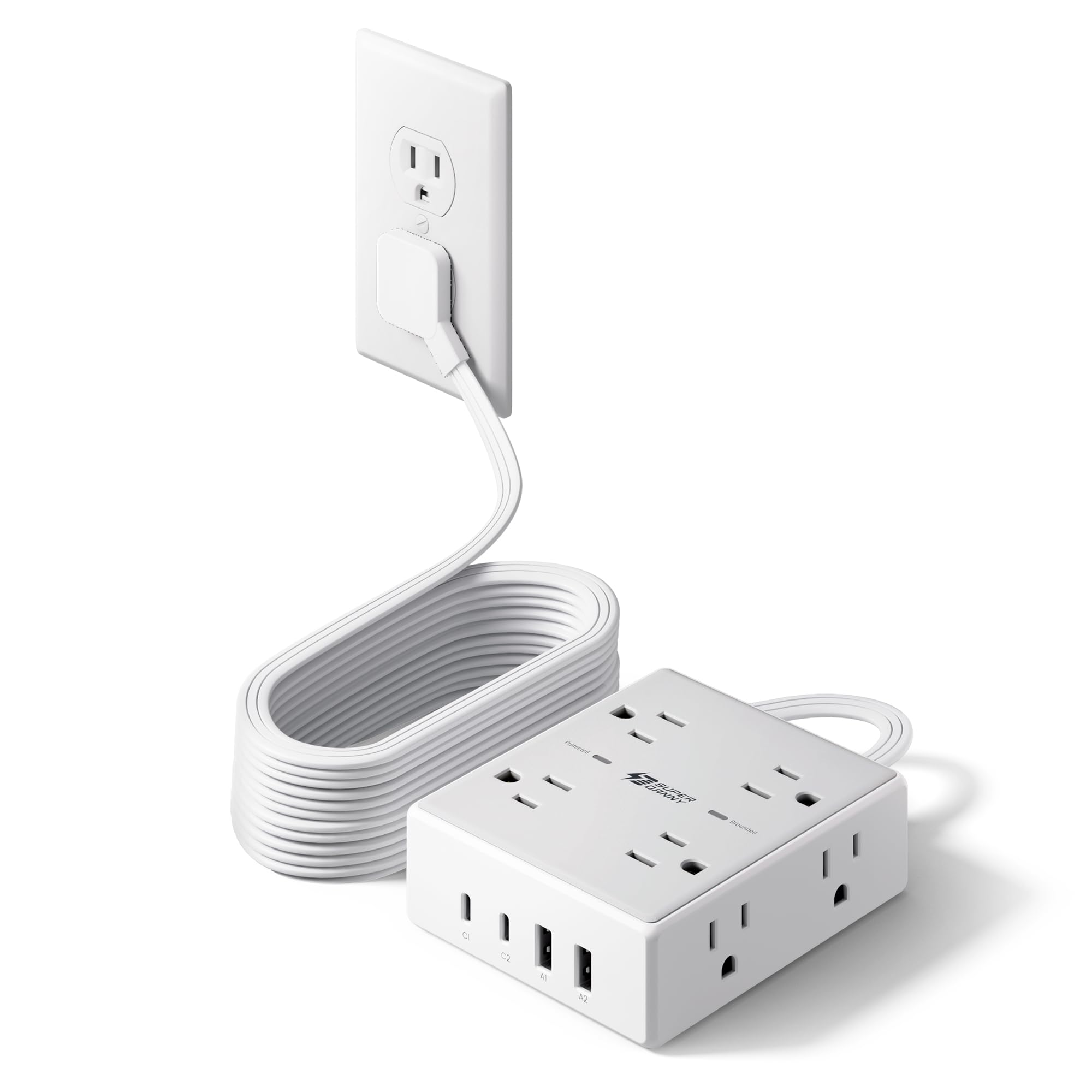 SUPERDANNY 15ft flat-plug extension cord behind a sofa for tidy setup.