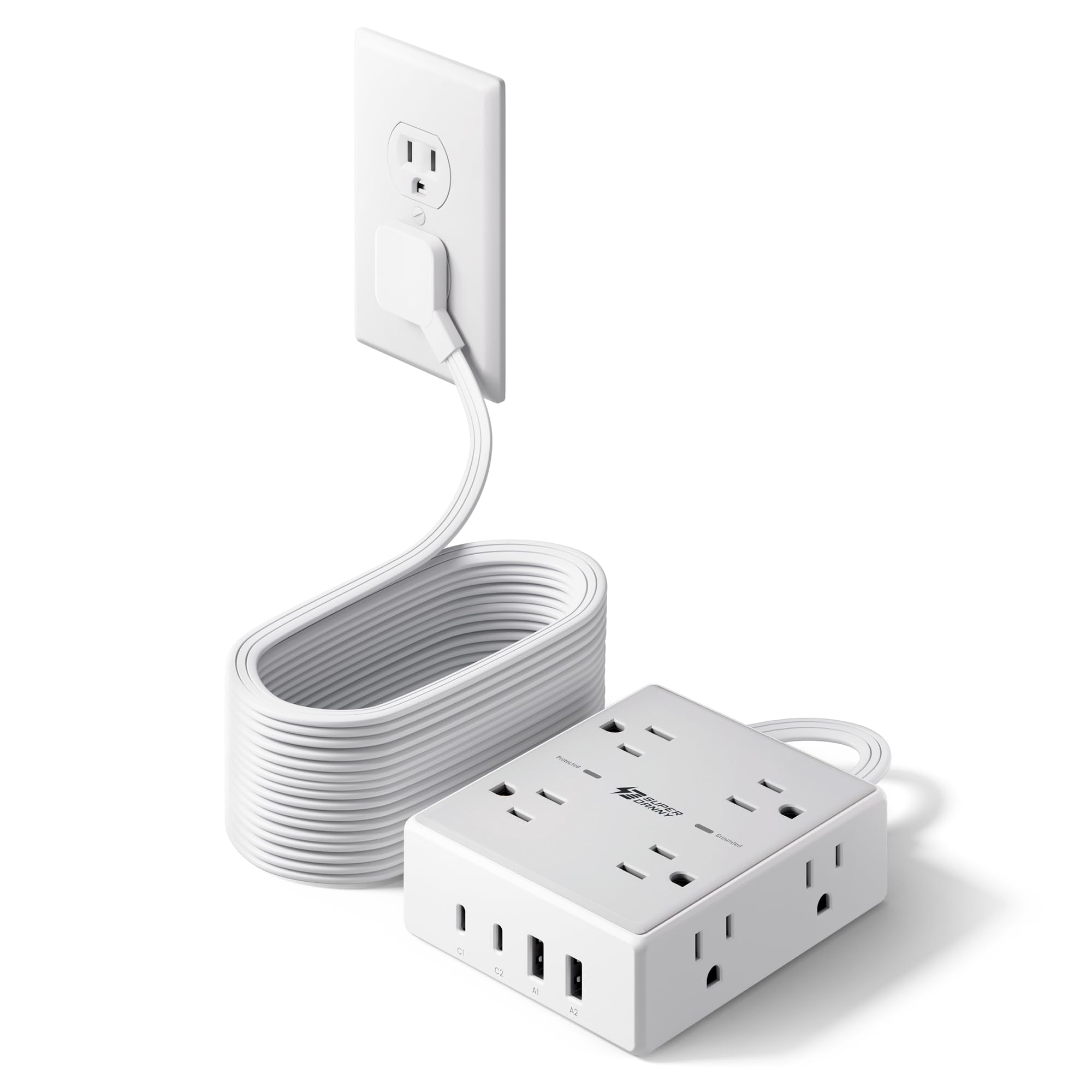 Superdanny 20ft flat-plug extension cord ideal for behind furniture.