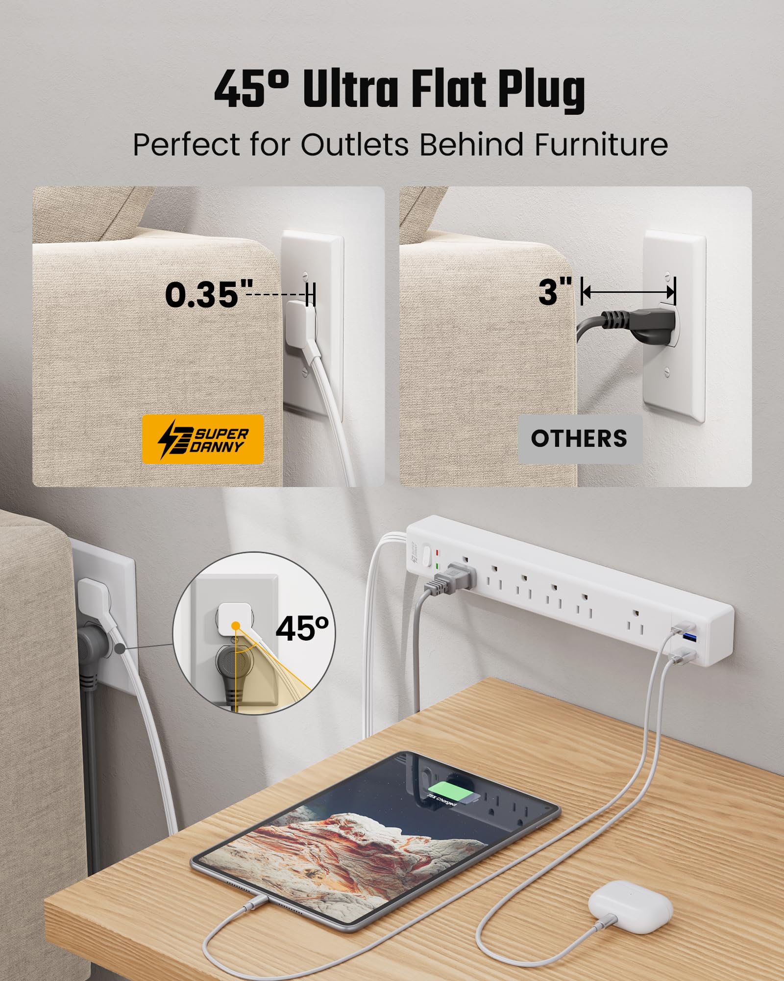 SUPERDANNY 45-degree right-angle plug saves space behind furniture
