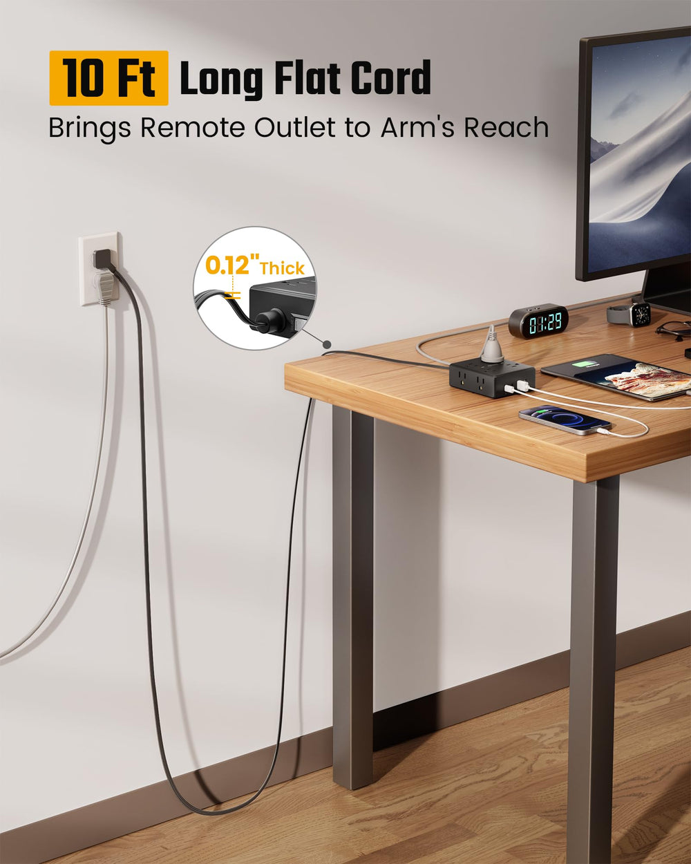 SuperDANNY 8-outlet power strip powering multiple devices at a desk