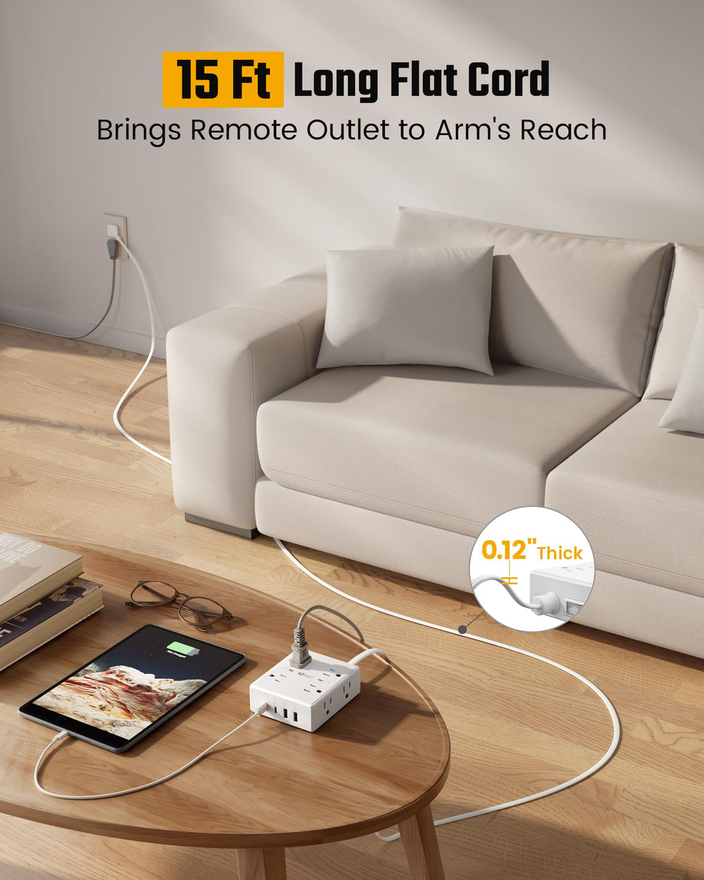 SUPERDANNY 8-outlet surge protector powering multiple devices at a desk.