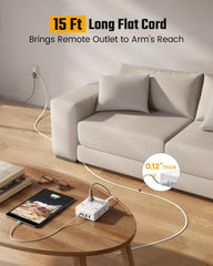 SUPERDANNY 8-outlet surge protector powering multiple devices at a desk.