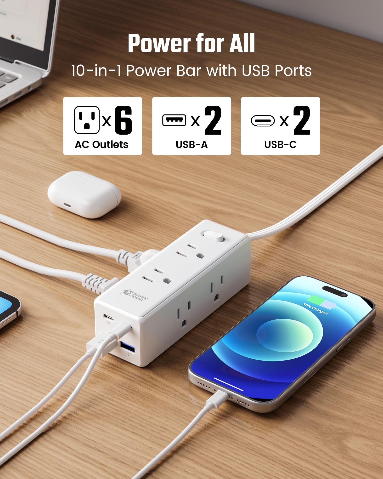 SUPERDANNY flat plug design fits behind furniture saving space.