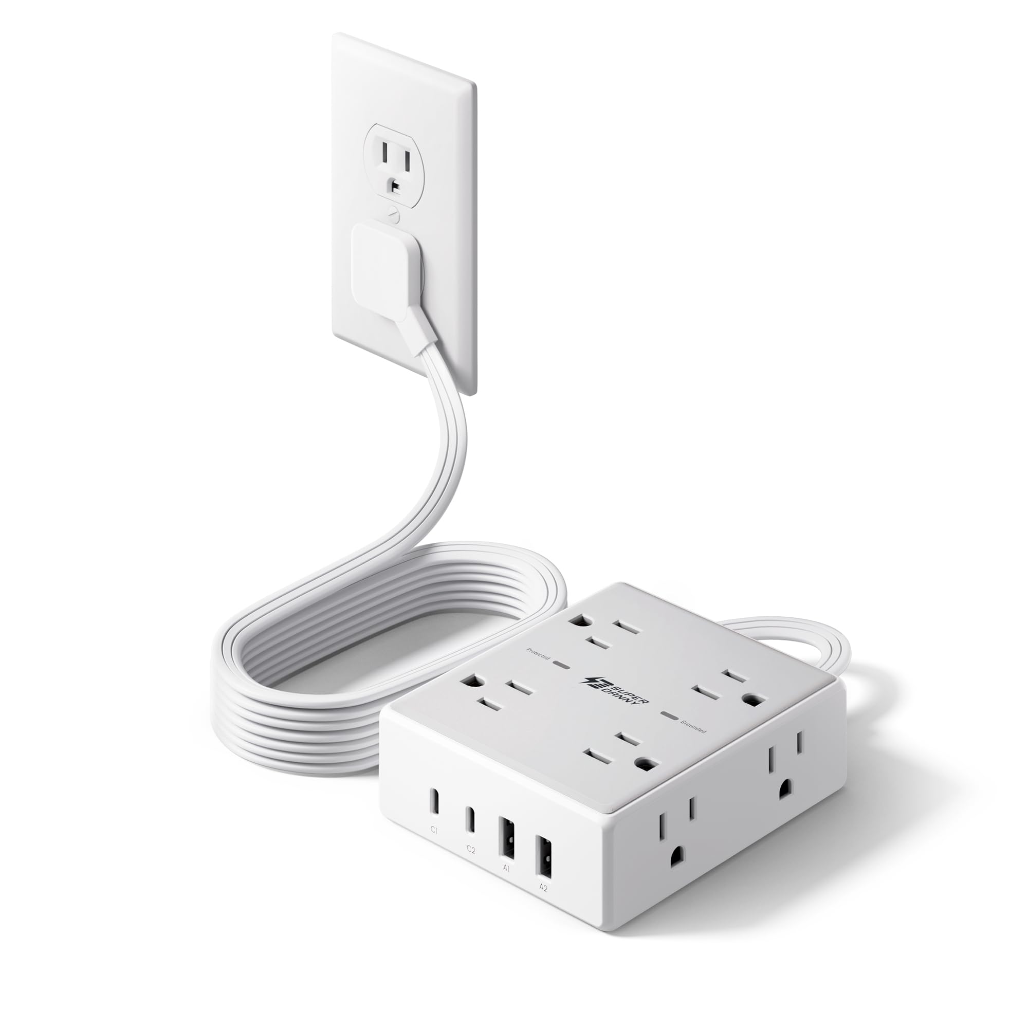 SUPERDANNY flat plug surge protector with eight outlets for clutter-free power