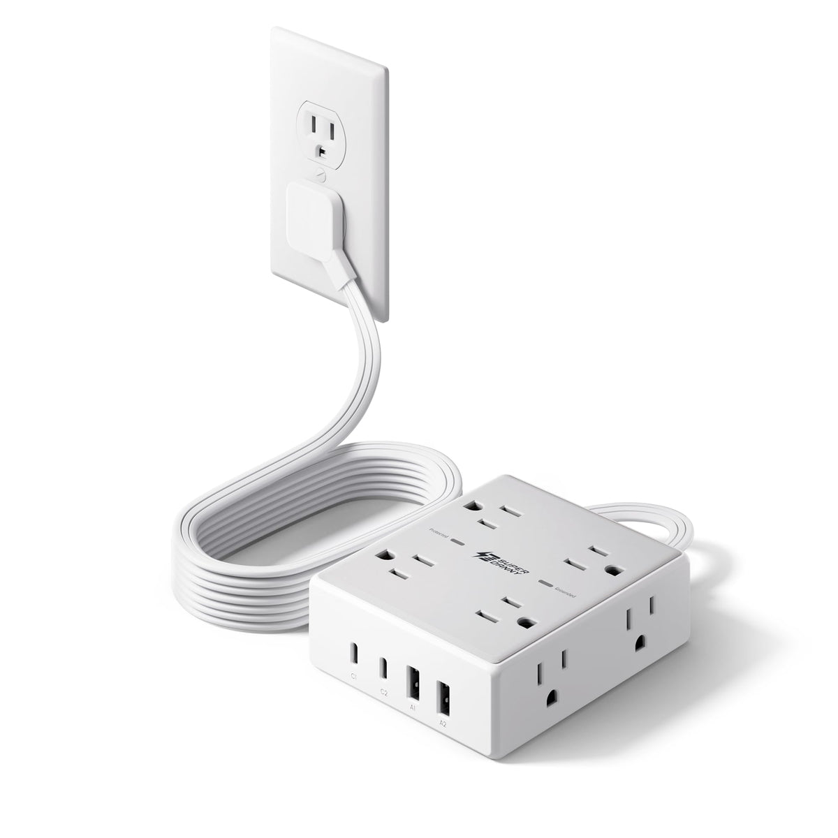 SUPERDANNY flat plug surge protector with eight outlets for clutter-free power