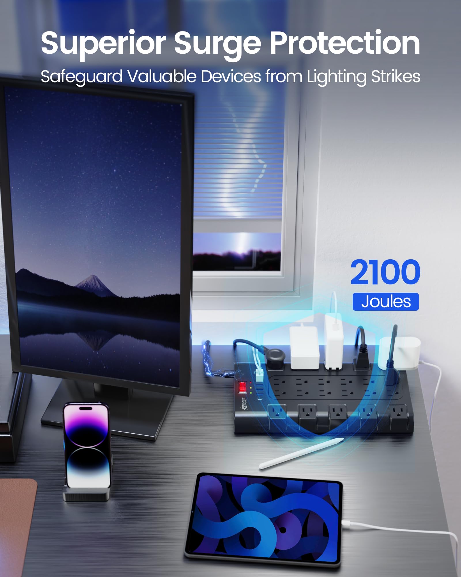 SUPERDANNY power strip provides 2100J surge protection for electronics safety.
