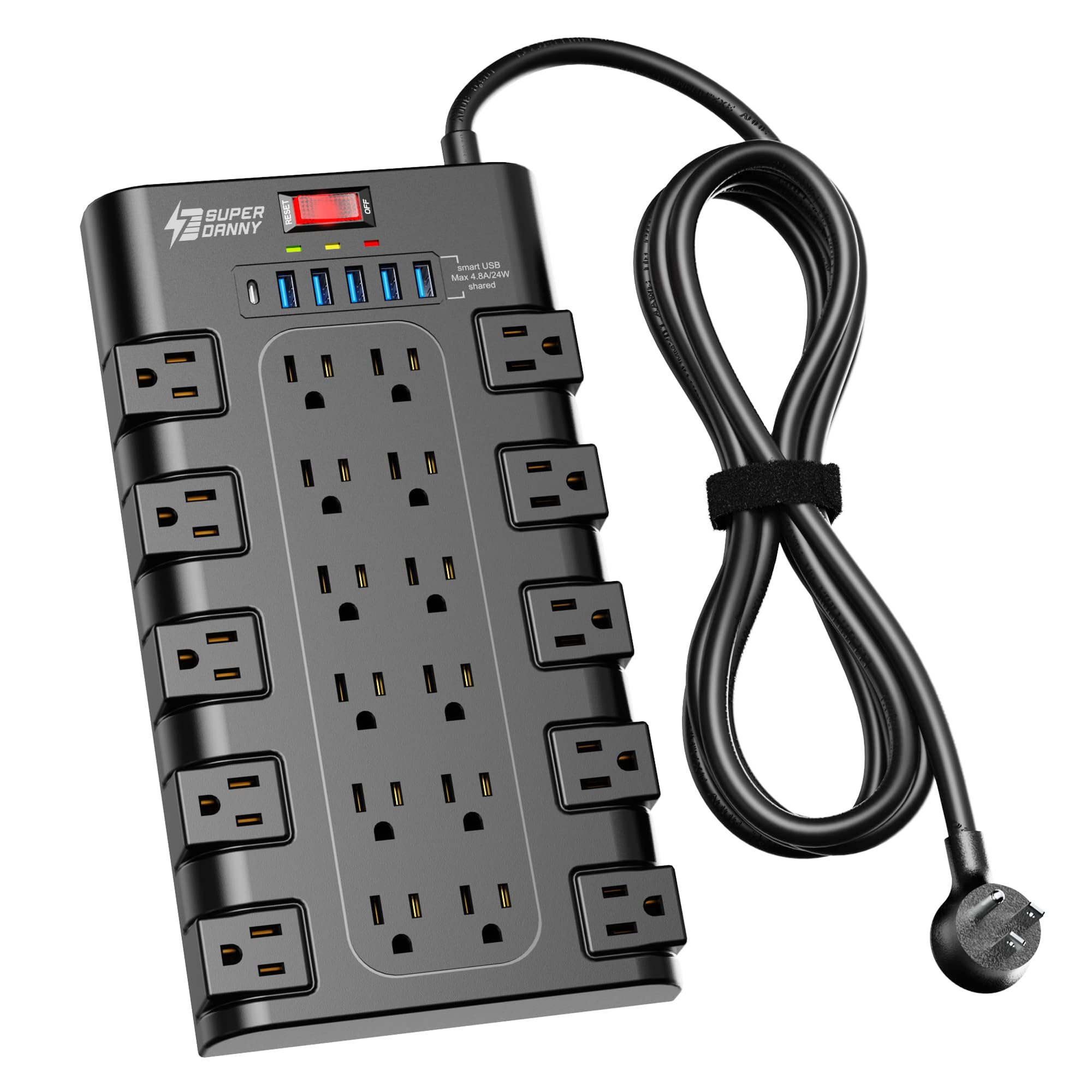 SUPERDANNY power strip with 22 outlets for comprehensive device charging and organization.