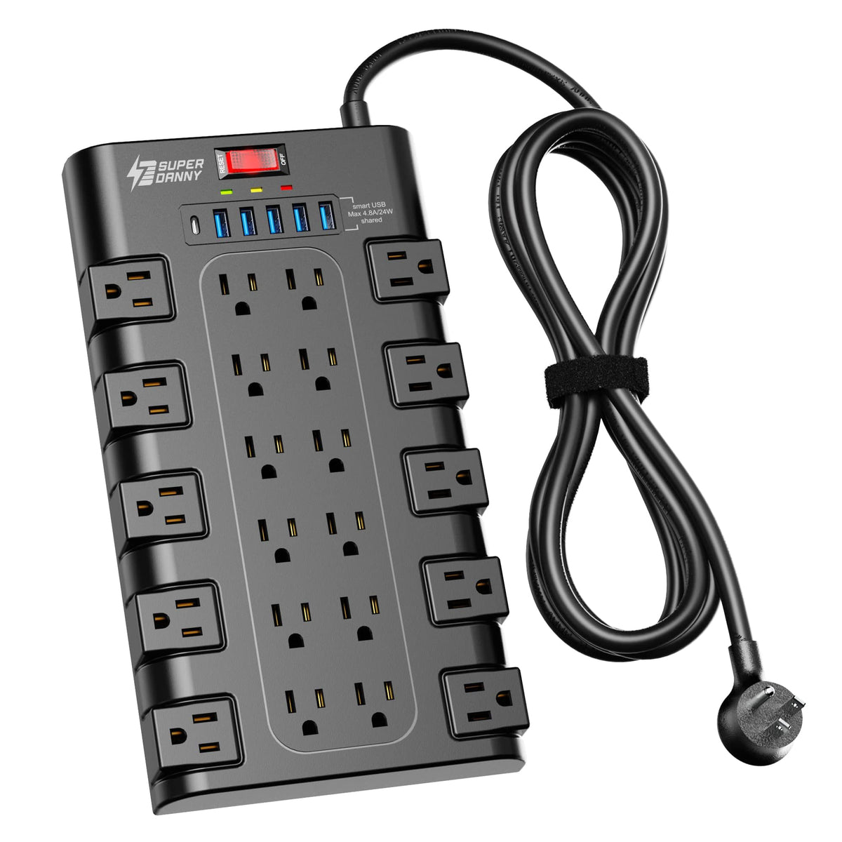 SUPERDANNY power strip with 22 outlets for comprehensive device charging and organization.