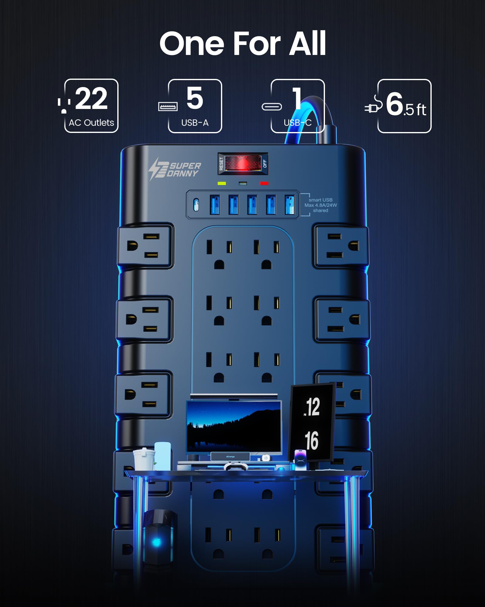 SUPERDANNY power strip with 6 USB ports for fast charging of devices.