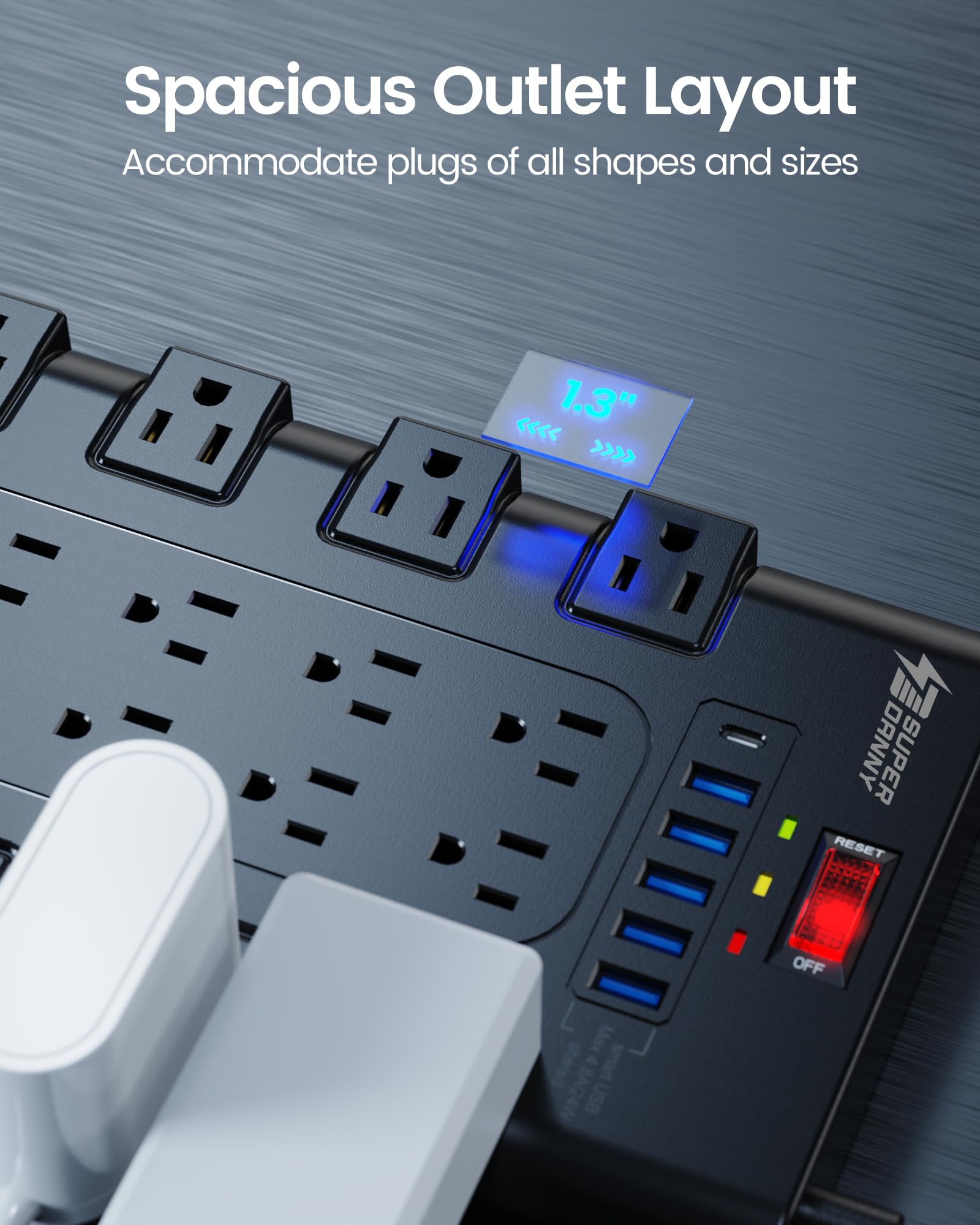 SUPERDANNY power strip flat plug design saves space behind furniture.