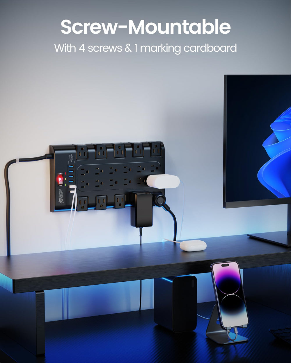 SUPERDANNY power strip with widely spaced outlets to reduce plug crowding.